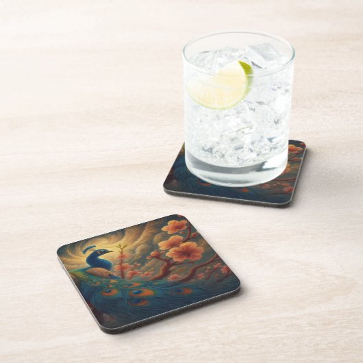 Peacock in Blossom Beverage Coaster Getränkeuntersetzer (Rechte Seite)