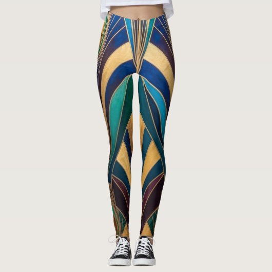 Peacock Jewel Tone Art Deco Feather Leggings (Vorderseite)