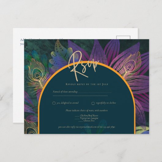 Peacock Jewel Tones Green Blue Wedding Postkarte (Vorne/Hinten)