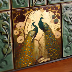 Peacock Klimt Gold Grüne Mauer Dekor Jugendstil Fliese