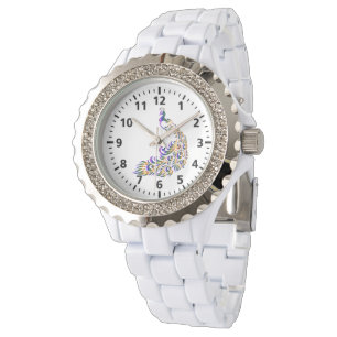 Peacock Kristall White Enamel Womens Watch Armbanduhr