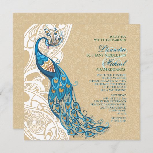 Peacock Lace Elegance 2 Hochzeit Einladung (Vorne/Hinten)