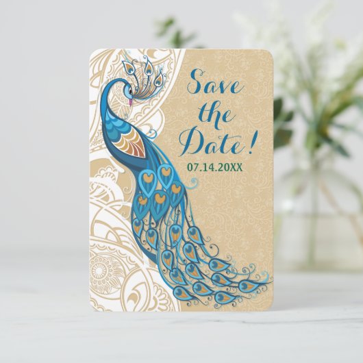 Peacock Lace Elegance Wedding Save the Date Einladung (Stehend Vorderseite)