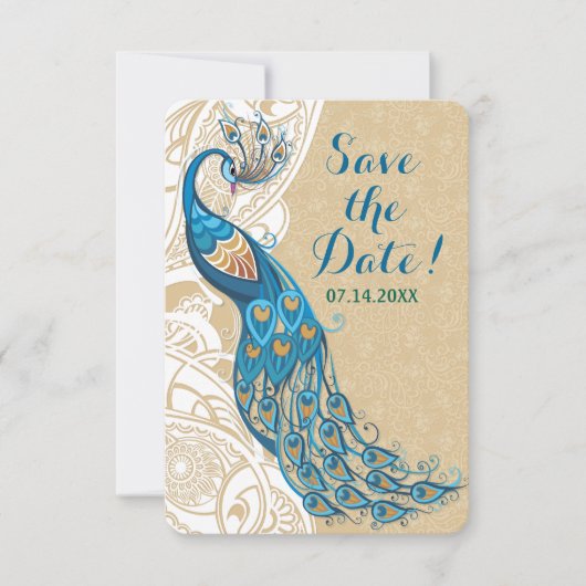 Peacock Lace Elegance Wedding Save the Date Einladung (Vorderseite)