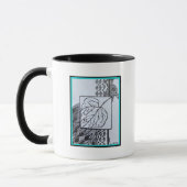 Peacock & Leaf Blk & Whit Ink Turquoise Border Mug Tasse (Links)