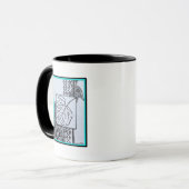 Peacock & Leaf Blk & Whit Ink Turquoise Border Mug Tasse (Vorderseite Links)