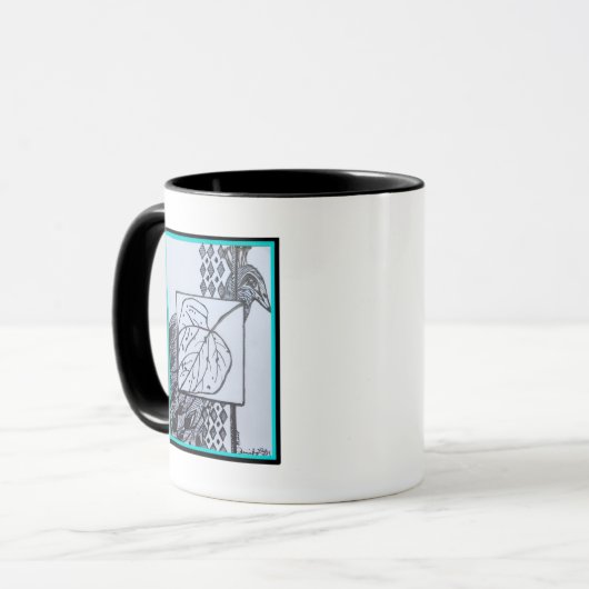 Peacock & Leaf Blk & Whit Ink Turquoise Border. Tasse (Vorderseite Links)