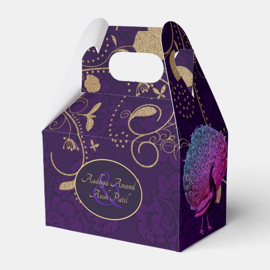 Peacock Lila Gold Gable Favor Box Personalisiert Geschenkschachtel (Vorderseite)