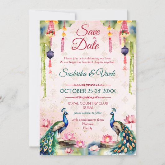 Peacock lotus Indische Hochzeit speichern das Datu Einladung (Vorderseite)
