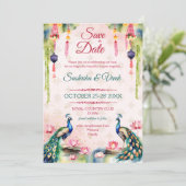 Peacock lotus Indische Hochzeit speichern das Datu Einladung (Stehend Vorderseite)