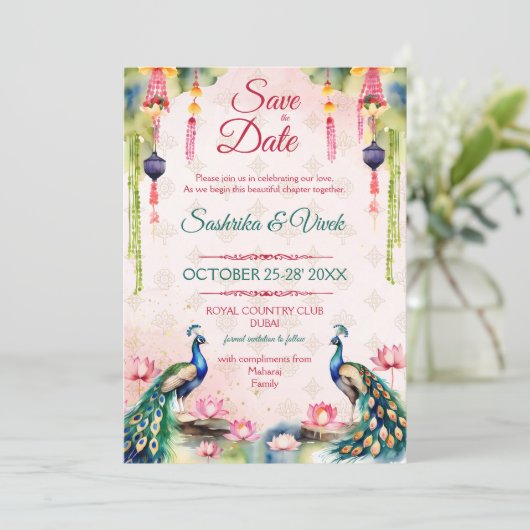 Peacock lotus Indische Hochzeit speichern das Datu Einladung (Stehend Vorderseite)