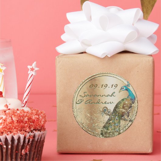 Peacock Love Bird Gold Wedding Siegel Runder Aufkleber (Party)