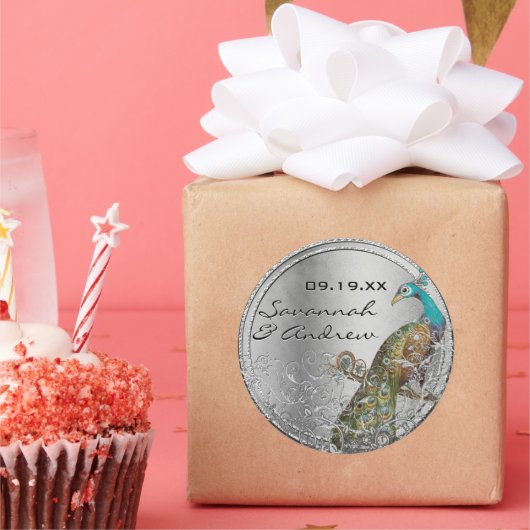 Peacock Lovebird Silver Gray Wedding Siegel Runder Aufkleber (Party)