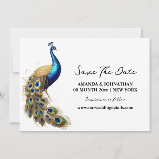 Peacock Luxus-Vogel Weißgold minimalistischer Chic Save The Date (Vorderseite)