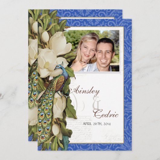 Peacock Magnolia floral Swirl Damask Wedding Einladung (Vorne/Hinten)