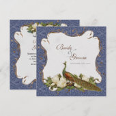 Peacock Magnolia floral Swirl Damask Wedding Navy Einladung (Vorne/Hinten)