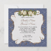 Peacock Magnolia floral Swirl Damask Wedding Navy Einladung (Rückseite)