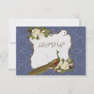 Peacock Magnolia floral Swirl Damask Wedding Navy RSVP Karte