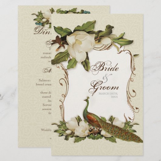Peacock Magnolia Swirl - Dinner Menu Card (Vorne/Hinten)