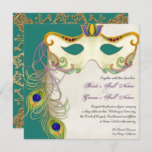 Peacock Masquerade Maskenball - Einladung zur Hoch (Vorne/Hinten)