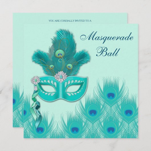 Peacock Masquerade Party Ball Blue Green Aqua Einladung (Vorne/Hinten)