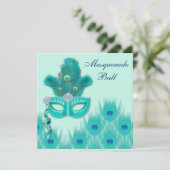 Peacock Masquerade Party Ball Blue Green Aqua Einladung (Stehend Vorderseite)