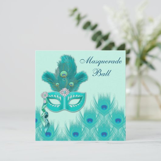 Peacock Masquerade Party Ball Blue Green Aqua Einladung (Stehend Vorderseite)