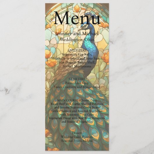Peacock Maximalist Extravagant Luxury Wedding Menu Menükarte (Vorderseite)