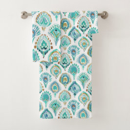 PEACOCK MERMAID Aqua Nautical Scales and Feathers Badhandtuch Set