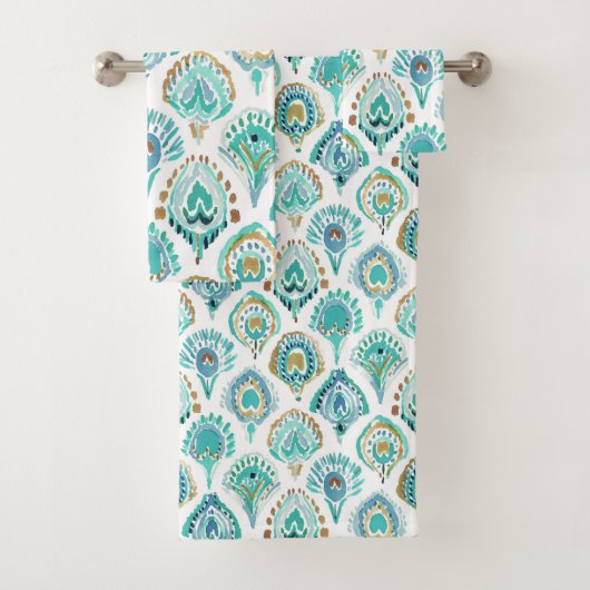 PEACOCK MERMAID Aqua Nautical Scales and Feathers Badhandtuch Set (Insitu)