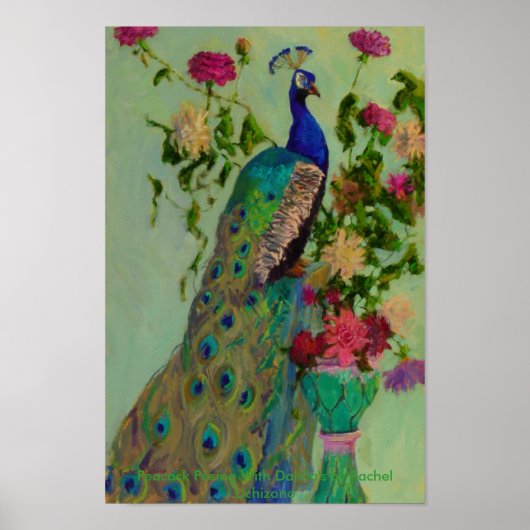 Peacock mit Dahlia von Rachel Uchizono Poster (Vorne)