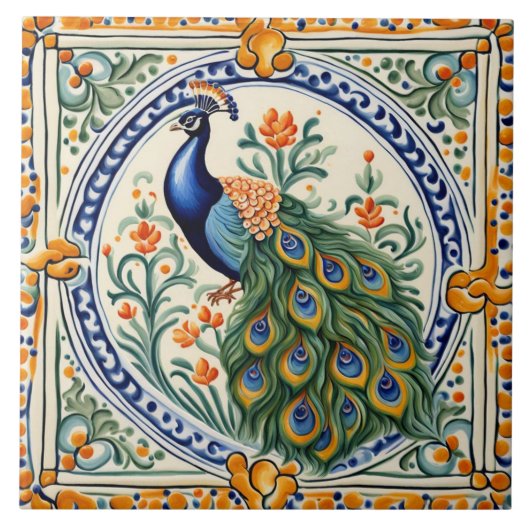 Peacock Mittelmeergelb & Blauer Folklore Fliese (Vorderseite)