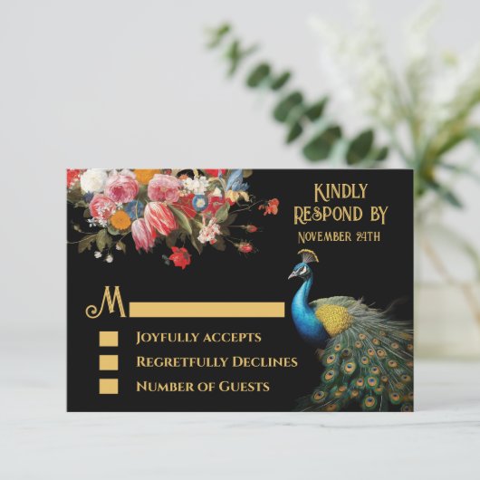 Peacock Moody Floral Indian Wedding RSVP Einladung (Stehend Vorderseite)