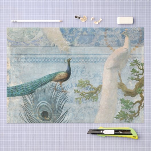 Peacock n Feathers Dekoupage des blauen und weißen Seidenpapier (Handwerk)