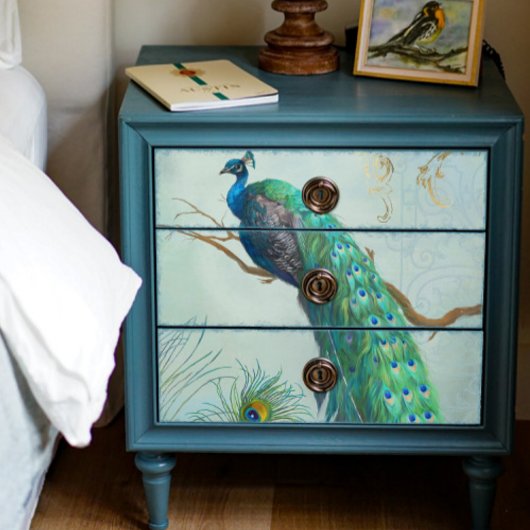 Peacock n Feathers Gold Dusty Blue Decoupage Seidenpapier