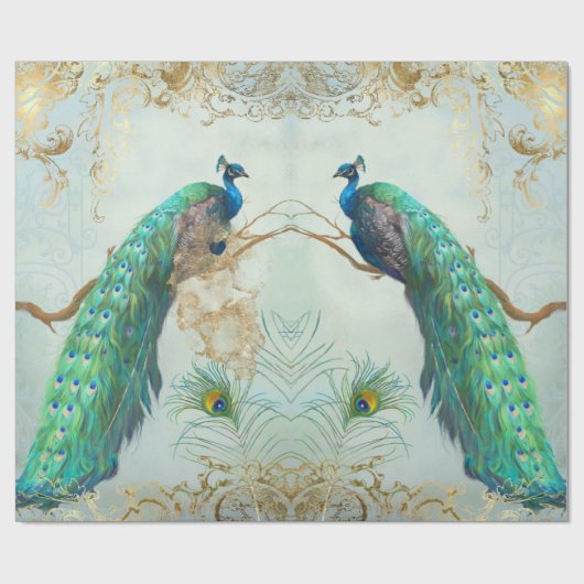 Peacock n Feathers Pair Blue Gold Decoupage Geschenkpapier (Flach)