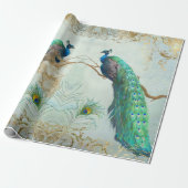 Peacock n Feathers Pair Blue Gold Decoupage Geschenkpapier (Ungerollt)