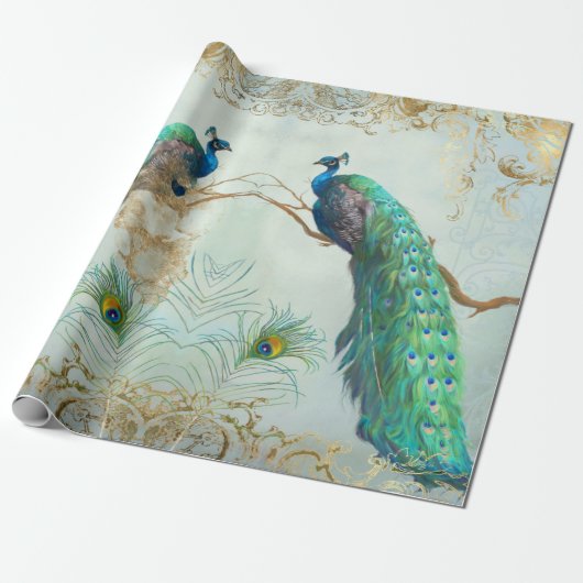 Peacock n Feathers Pair Blue Gold Decoupage Geschenkpapier (Ungerollt)