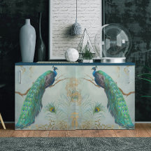 Peacock n Feathers Pair Blue Gold Decoupage