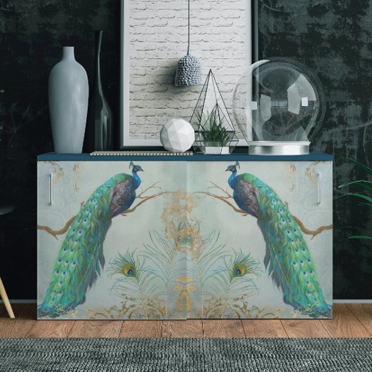 Peacock n Feathers Pair Blue Gold Decoupage Seidenpapier