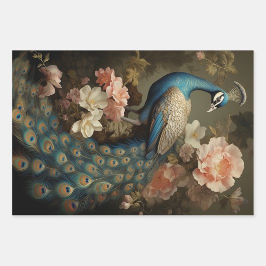 Peacock on flower branches, decoupage geschenkpapier set (Vorderseite 3)