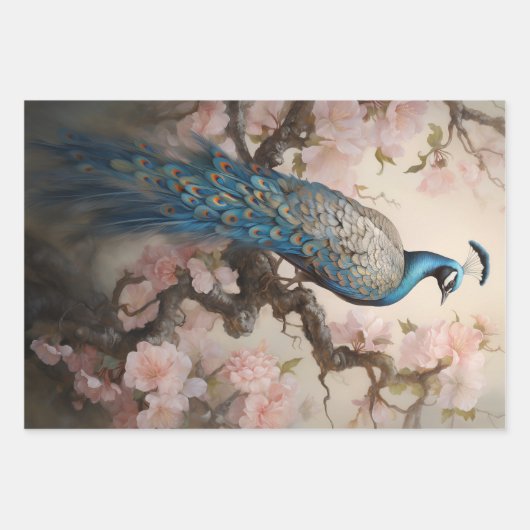 Peacock on flower branches, decoupage geschenkpapier set (Vorderseite)