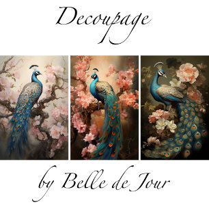 Peacock on flower branches, decoupage geschenkpapier set