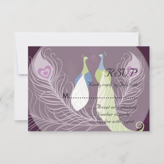 Peacock Pair Love Birds Lila Wedding RSVP Karte (Vorderseite)
