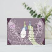 Peacock Pair Love Birds Lila Wedding RSVP Karte (Stehend Vorderseite)