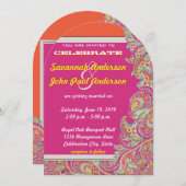 Peacock Paisley Mandarine Mustard Yellow Fuchsia Einladung (Vorne/Hinten)