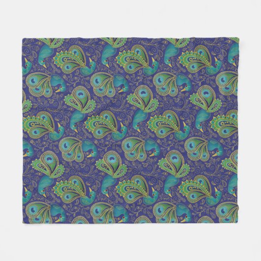 Peacock Paisley Pattern Blue Fleecedecke (Vorderseite (Horizontal))