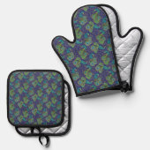 Peacock Paisley Pattern Blue Ofenhandschuh & Topflappen-Set (Vorderseite/Rückseite)