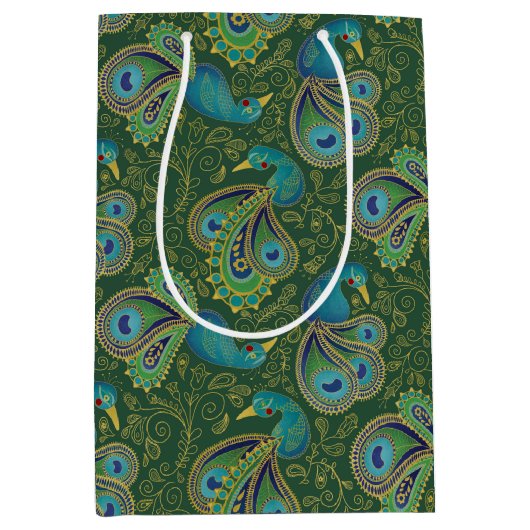 Peacock Paisley Pattern Green Mittlere Geschenktüte (Vorderseite)