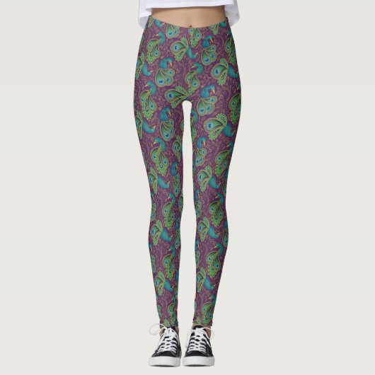 Peacock Paisley Pattern Purple Leggings (Vorderseite)